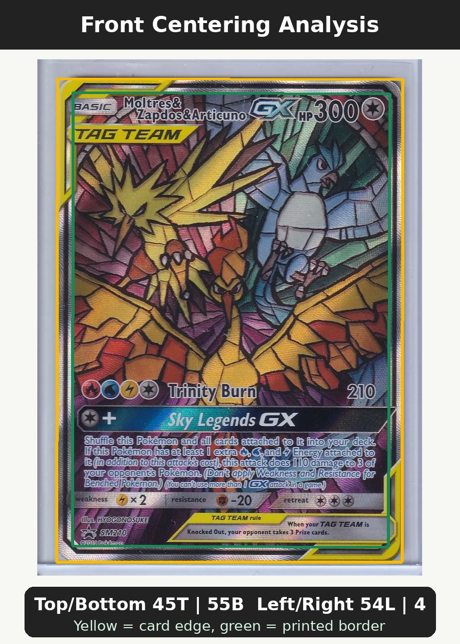 Moltres & Zapdos & Articuno GX SM210/248 SM Black Star Promos front centering analysis showing Top/Bottom 45T | 55B and Left/Right 54L | 46R.