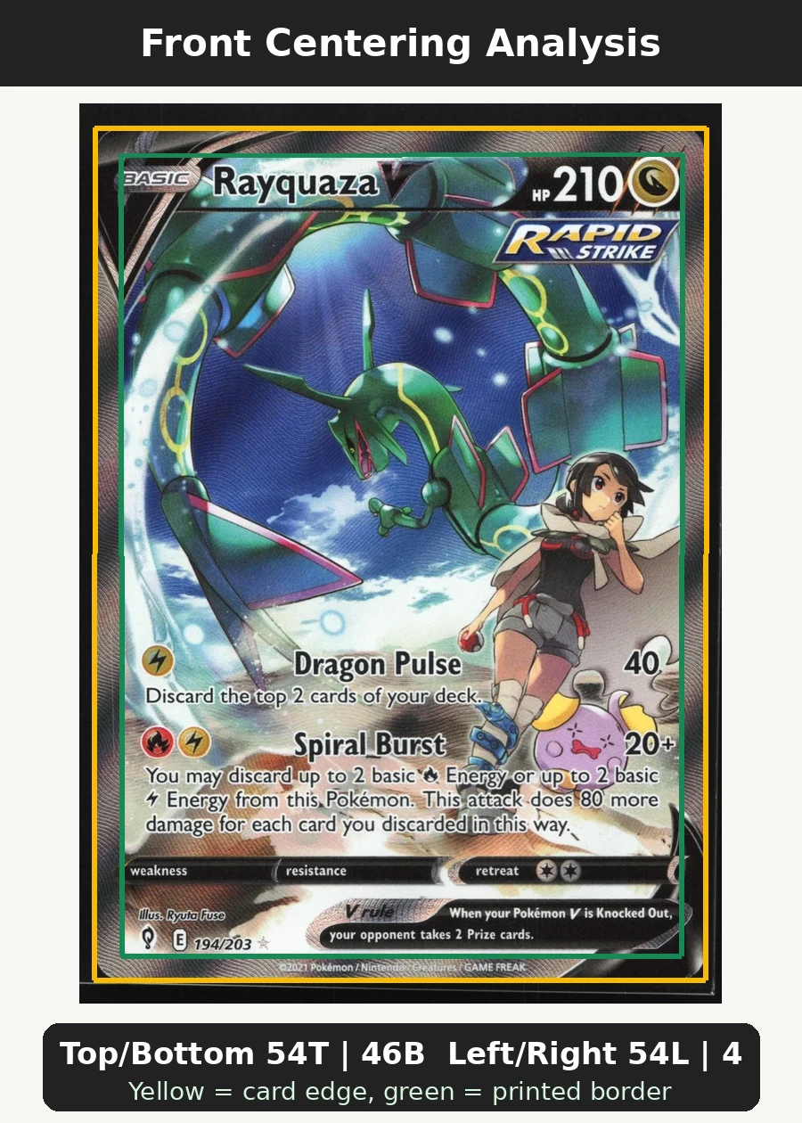 Rayquaza V 194/203 Evolving Skies front centering analysis showing Top/Bottom 54T | 46B and Left/Right 54L | 46R.
