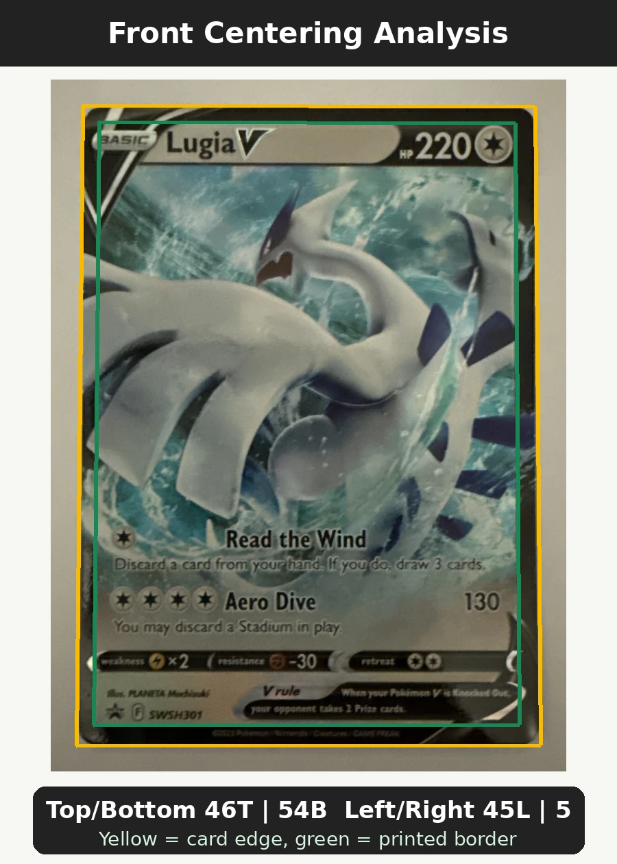 Lugia V SWSH301/307 SWSH Black Star Promos front centering analysis showing Top/Bottom 46T | 54B and Left/Right 45L | 55R.