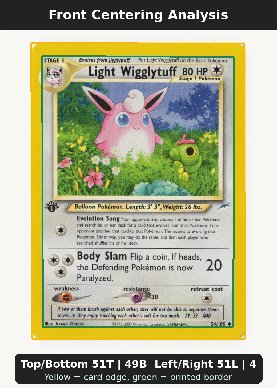 Light Wigglytuff 054/105 Neo Destiny front centering analysis showing Top/Bottom 51T | 49B and Left/Right 51L | 49R.