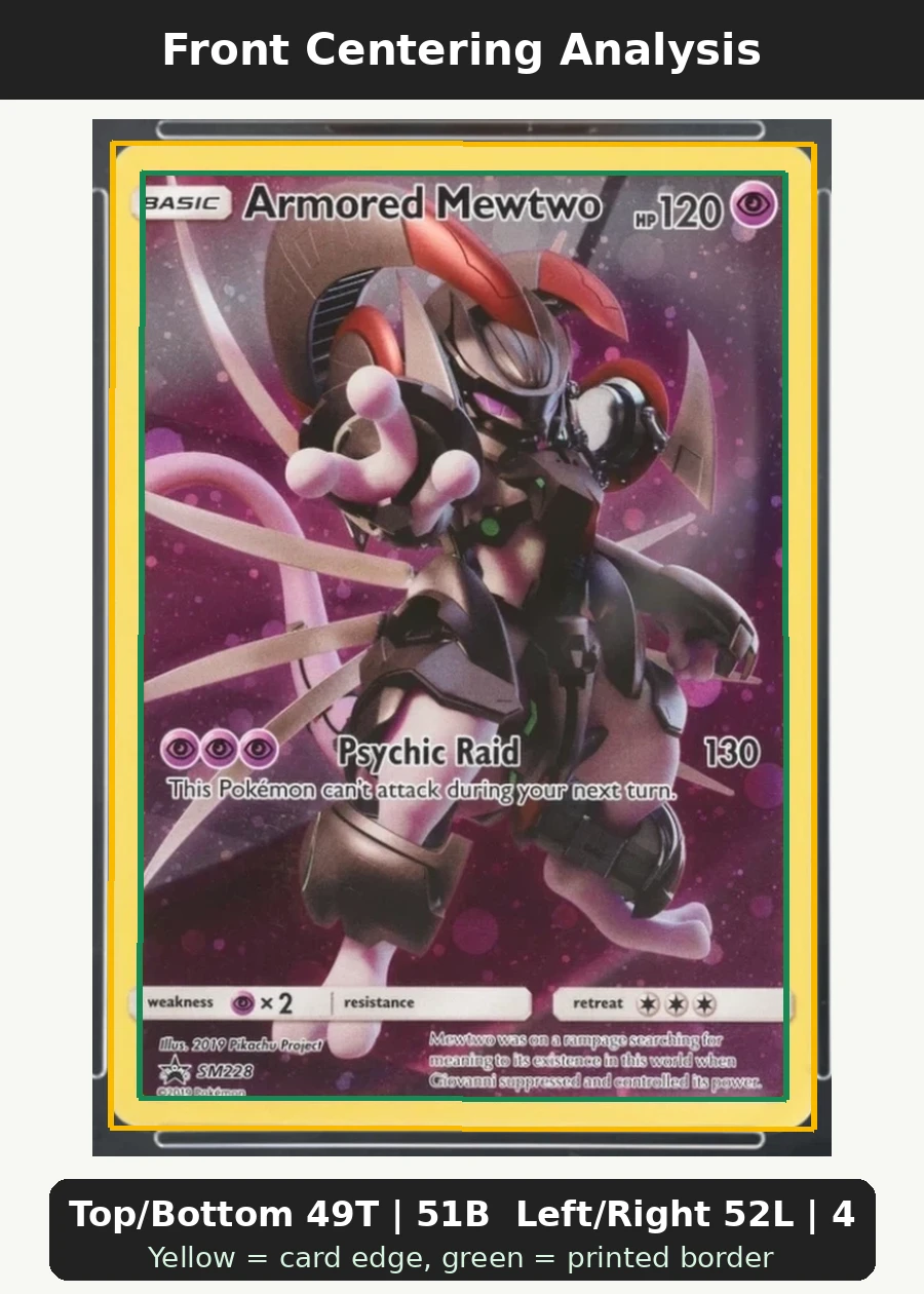 Armored Mewtwo SM228/248 SM Black Star Promos front centering analysis showing Top/Bottom 49T | 51B and Left/Right 52L | 48R.