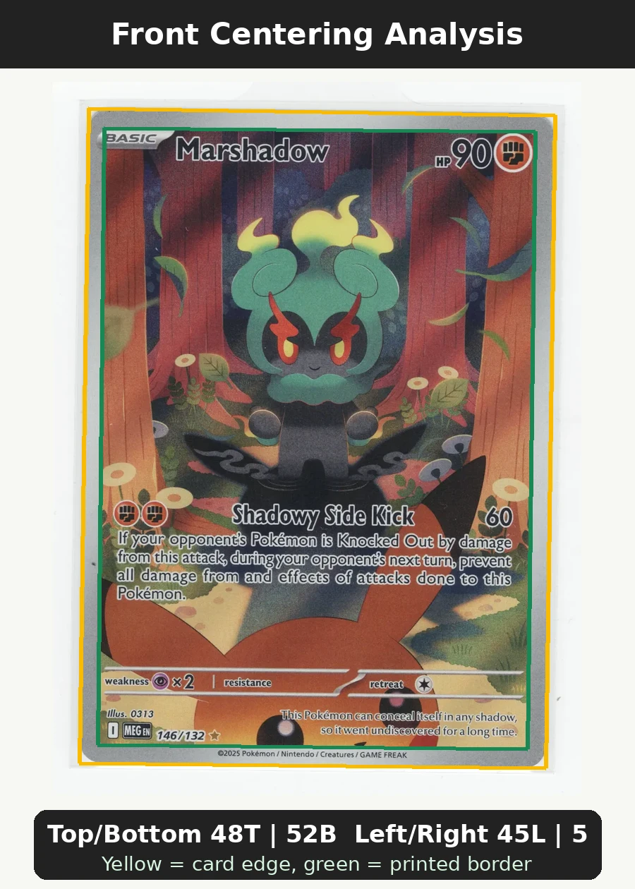 Marshadow 146/132 Mega Evolution front centering analysis showing Top/Bottom 48T | 52B and Left/Right 45L | 55R.