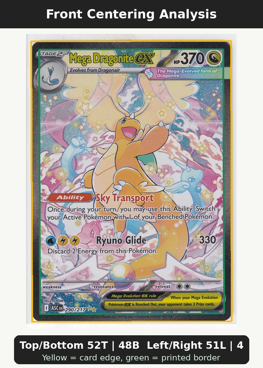 Mega Dragonite ex 290/217 Ascended Heroes front centering analysis showing Top/Bottom 52T | 48B and Left/Right 51L | 49R.