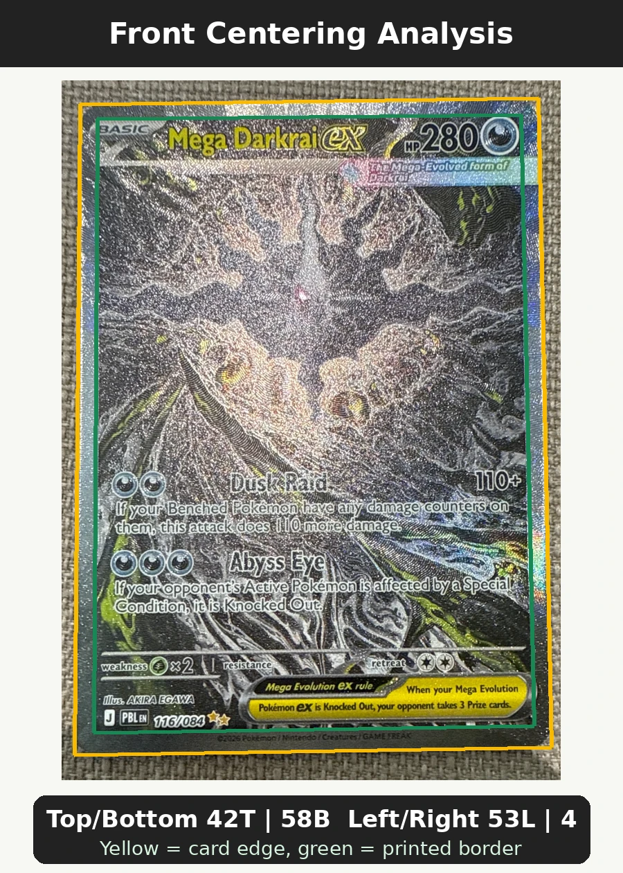 Mega Darkrai ex 116/84 Pitch Black front centering analysis showing Top/Bottom 42T | 58B and Left/Right 53L | 47R.