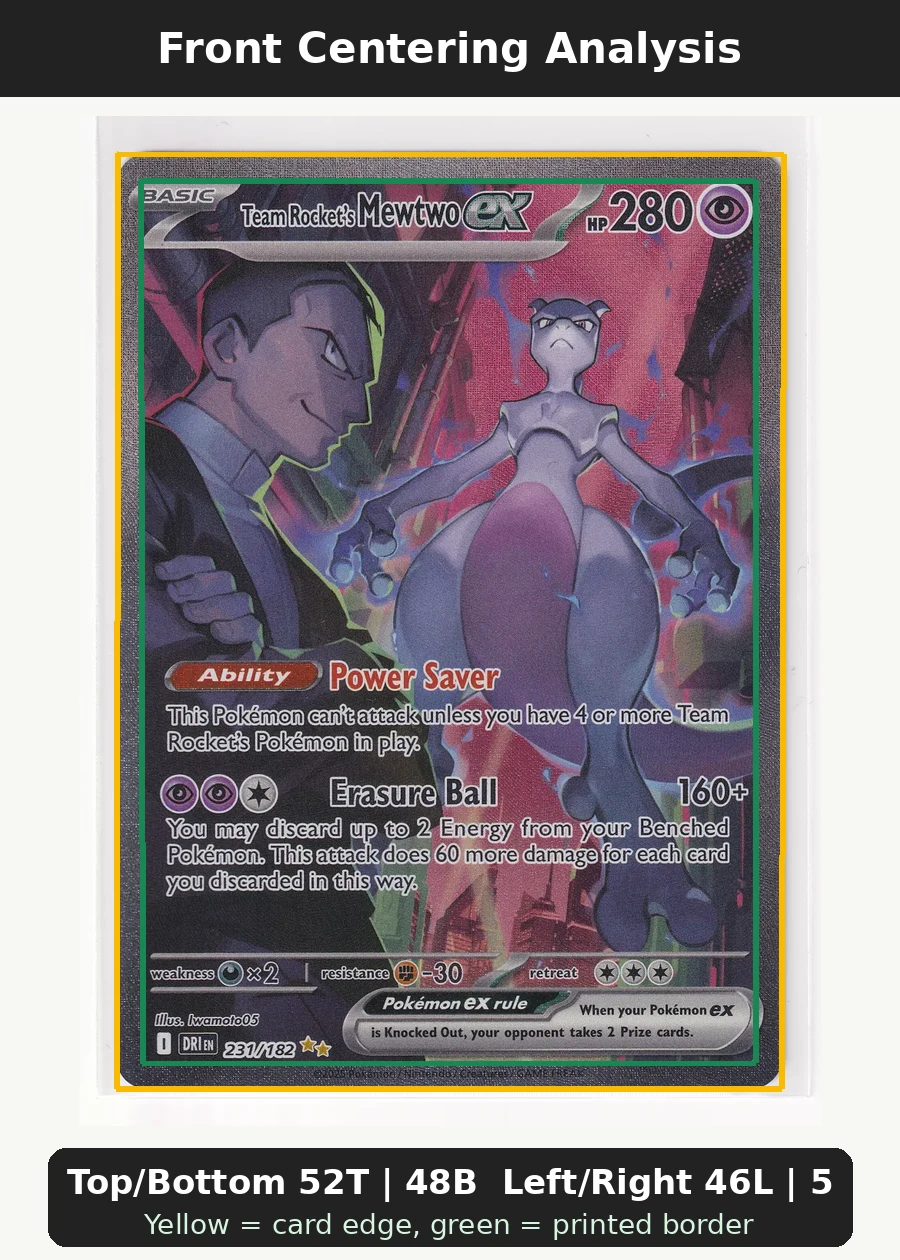 Team Rocket's Mewtwo ex 231/182 Destined Rivals front centering analysis showing Top/Bottom 52T | 48B and Left/Right 46L | 54R.