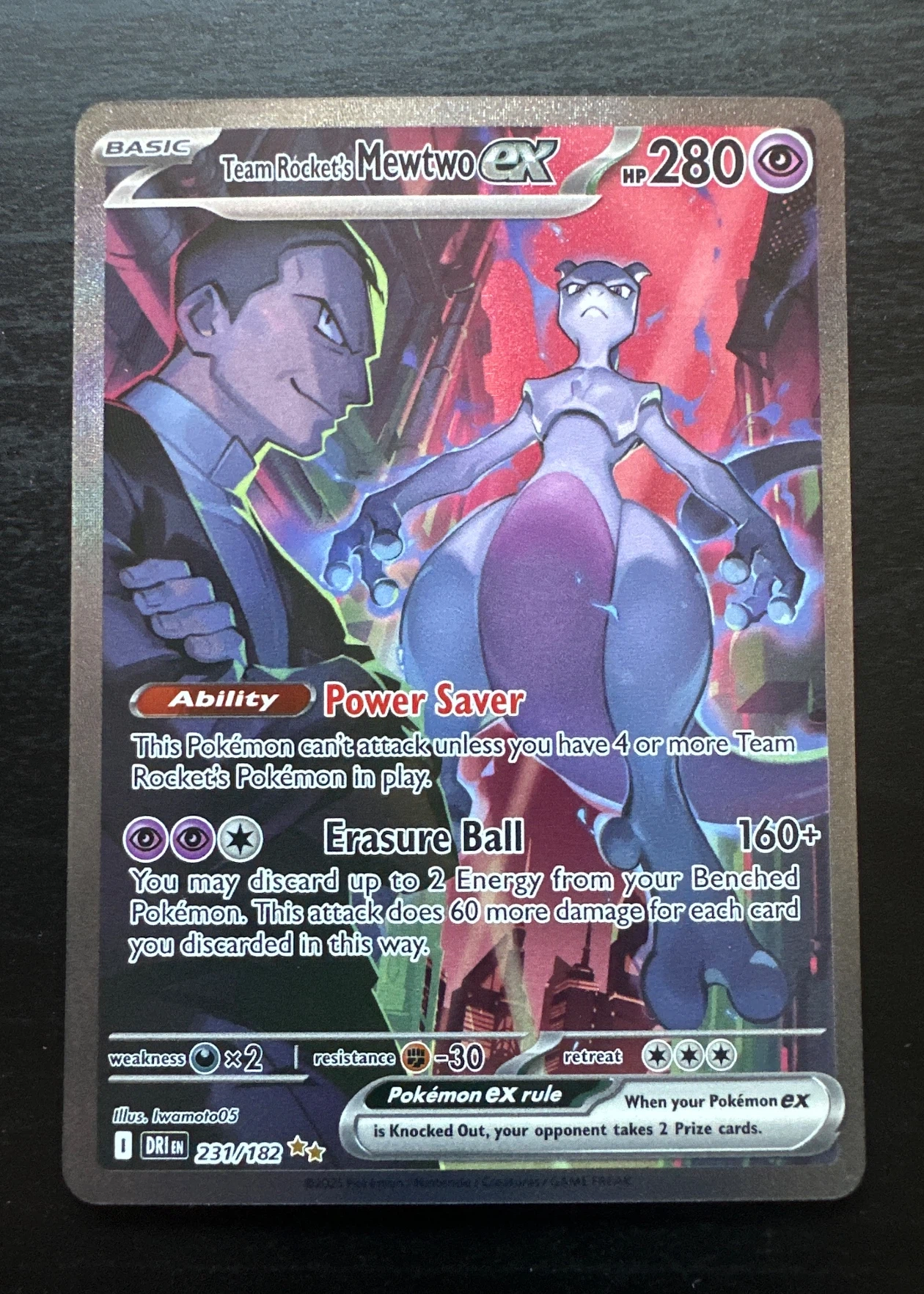Team Rocket's Mewtwo ex 231/182 Destined Rivals front card photo in GradeValue pregrading report
