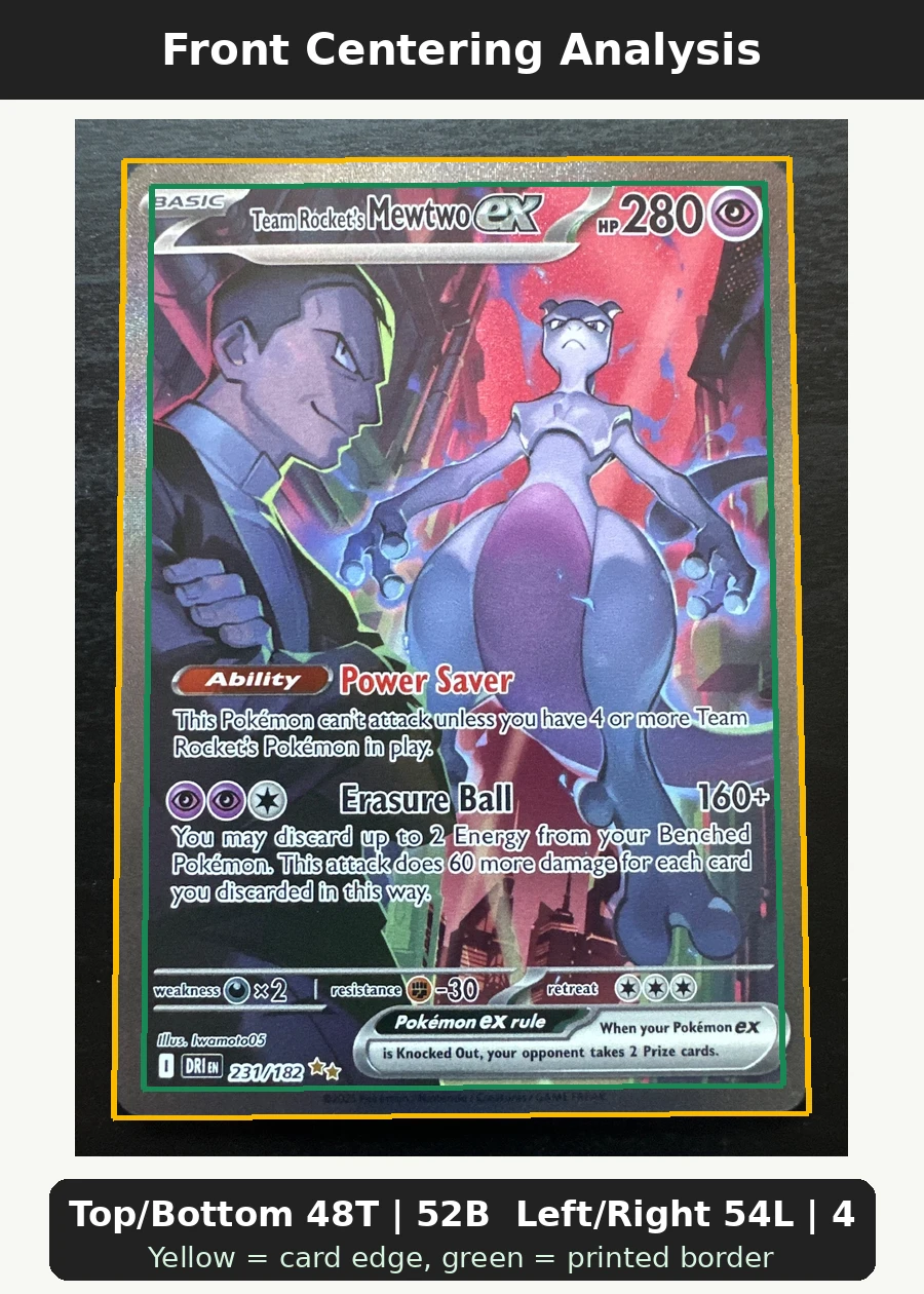 Team Rocket's Mewtwo ex 231/182 Destined Rivals front centering analysis showing Top/Bottom 48T | 52B and Left/Right 54L | 46R.