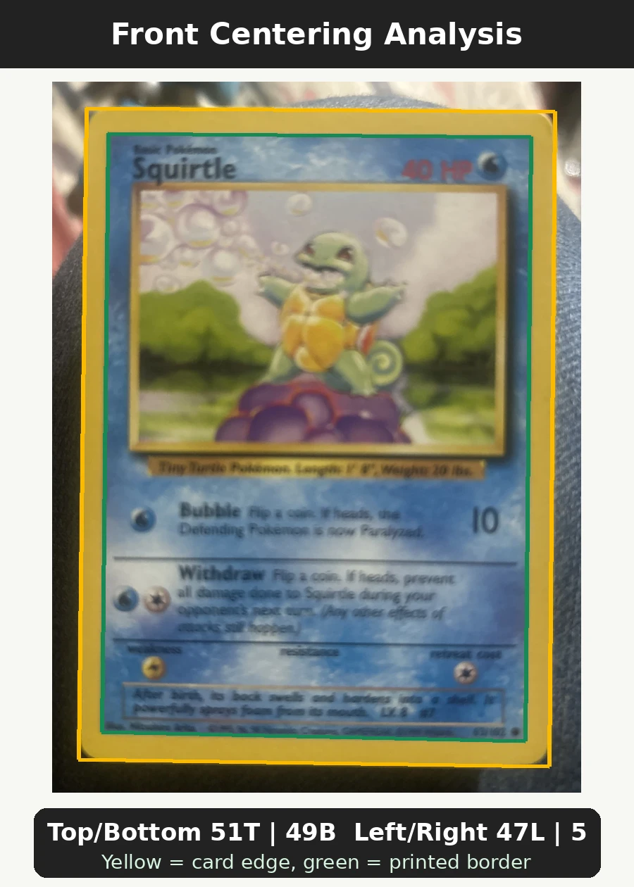 Squirtle 093/130 Base Set 2 front centering analysis showing Top/Bottom 51T | 49B and Left/Right 47L | 53R.