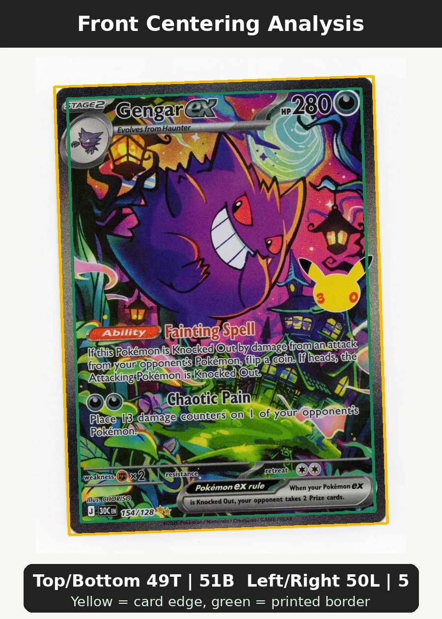 Gengar ex 154/128 30th Celebration front centering analysis showing Top/Bottom 49T | 51B and Left/Right 50L | 50R.