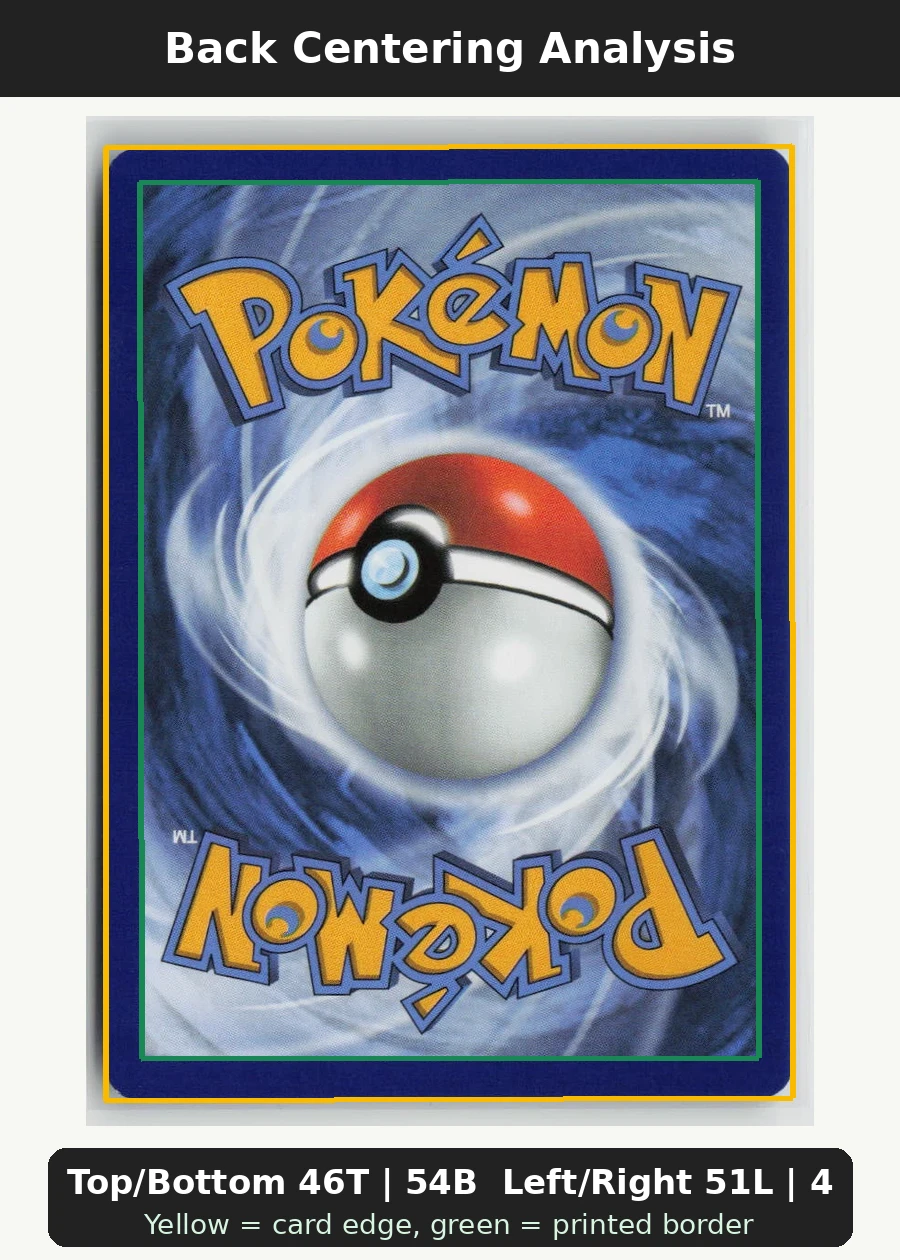 Misty's Psyduck 045/182 · Normal Destined Rivals back centering analysis showing Top/Bottom 46T | 54B and Left/Right 51L | 49R.