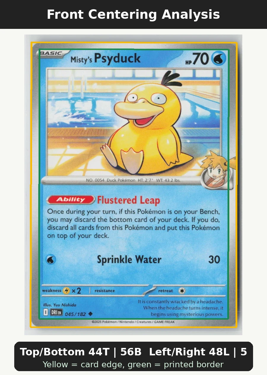Misty's Psyduck 045/182 · Normal Destined Rivals front centering analysis showing Top/Bottom 44T | 56B and Left/Right 48L | 52R.