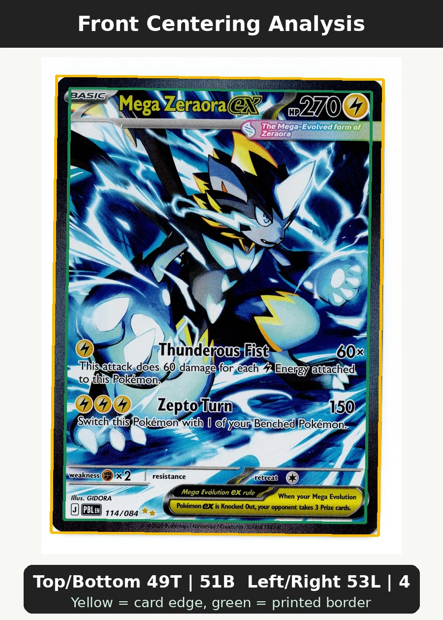 Mega Zeraora ex 114/84 Pitch Black front centering analysis showing Top/Bottom 49T | 51B and Left/Right 53L | 47R.