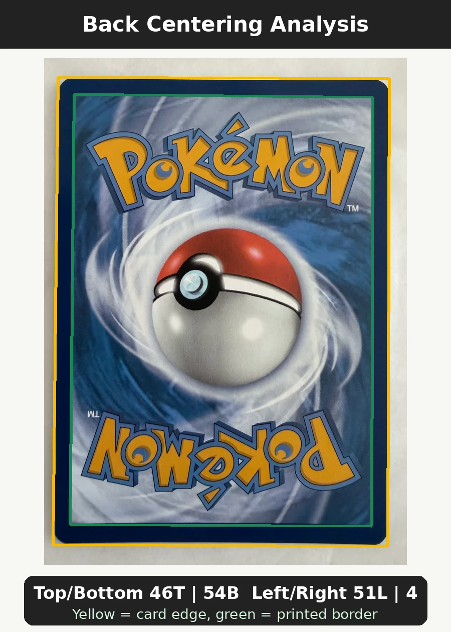 Pikachu 027/225 SVP Black Star Promos back centering analysis showing Top/Bottom 46T | 54B and Left/Right 51L | 49R.
