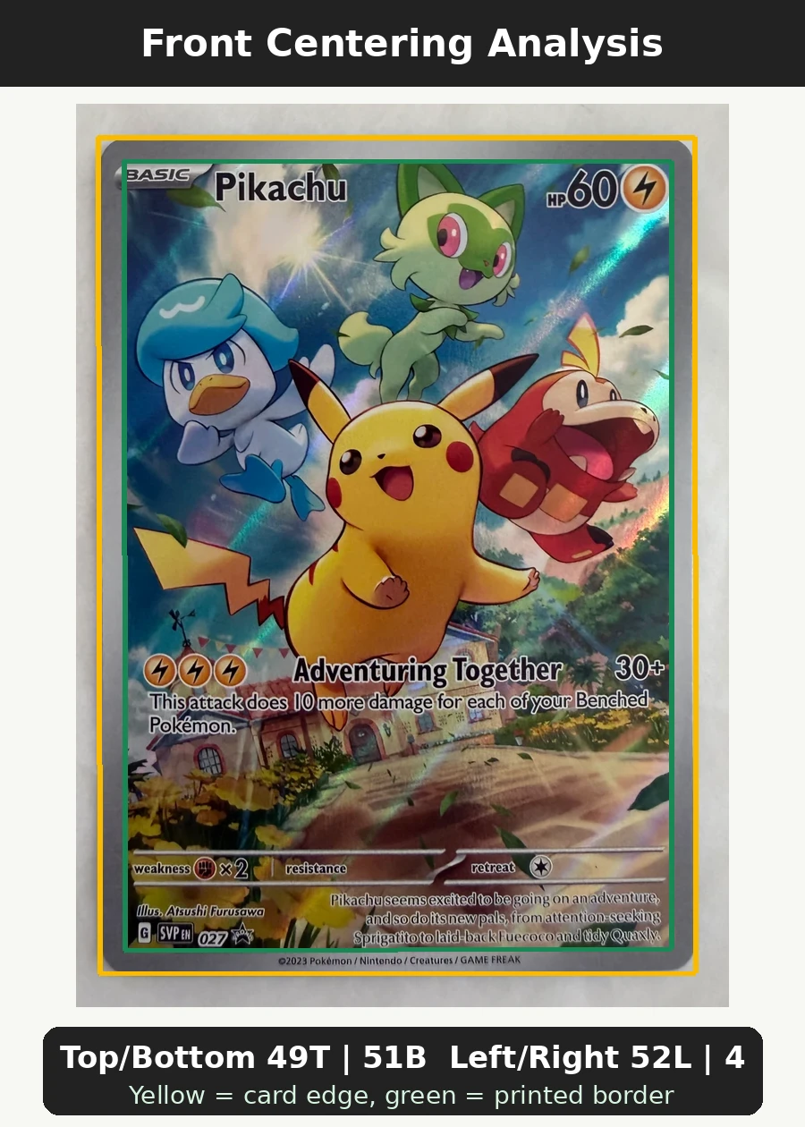 Pikachu 027/225 SVP Black Star Promos front centering analysis showing Top/Bottom 49T | 51B and Left/Right 52L | 48R.