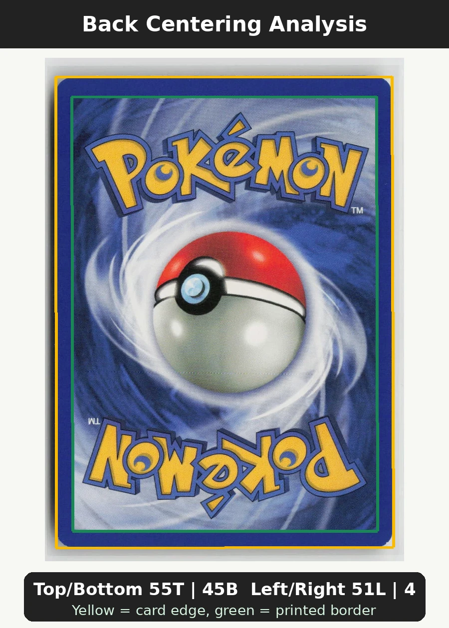 Psyduck 065/82 · Normal Team Rocket back centering analysis showing Top/Bottom 55T | 45B and Left/Right 51L | 49R.