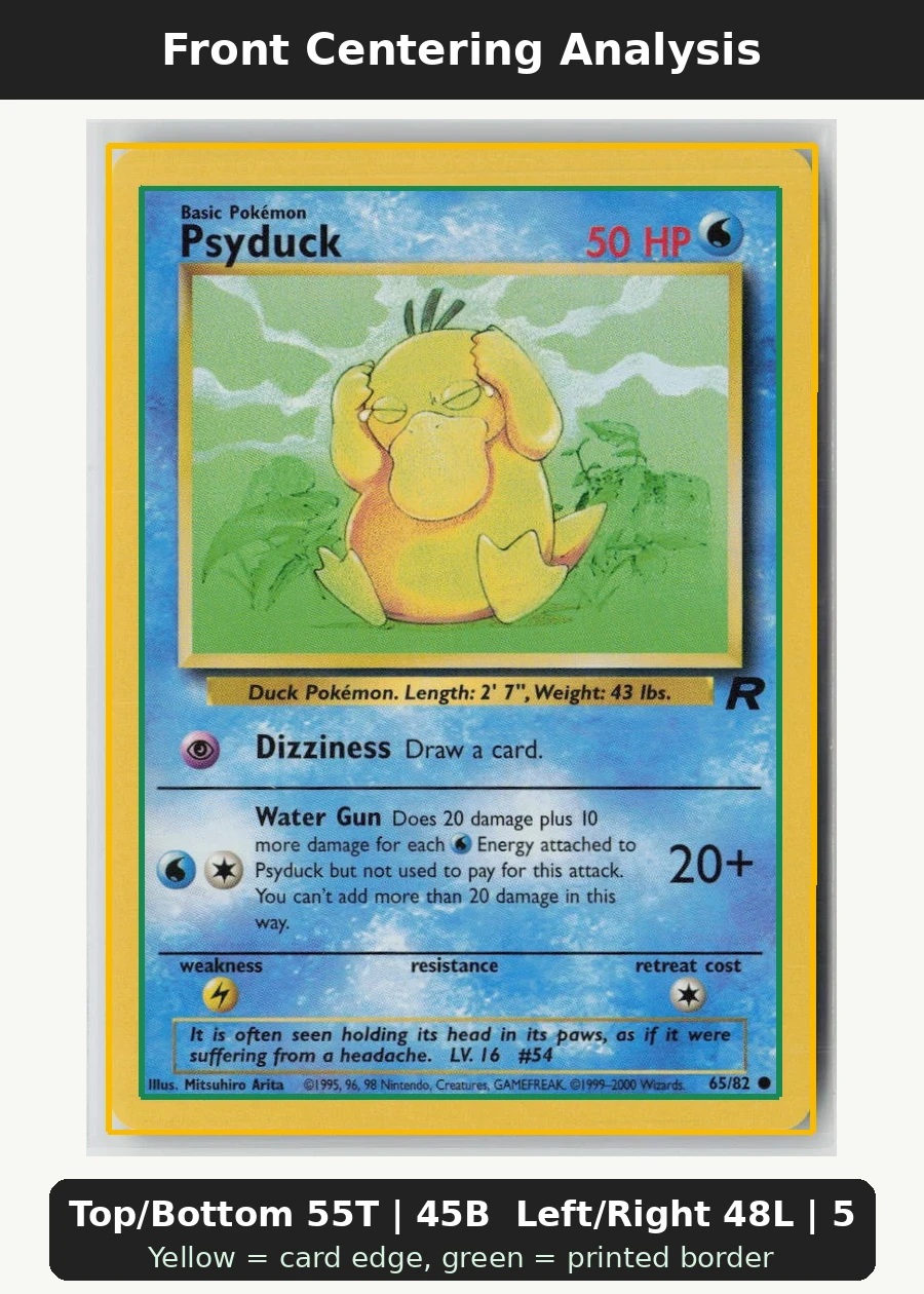 Psyduck 065/82 · Normal Team Rocket front centering analysis showing Top/Bottom 55T | 45B and Left/Right 48L | 52R.