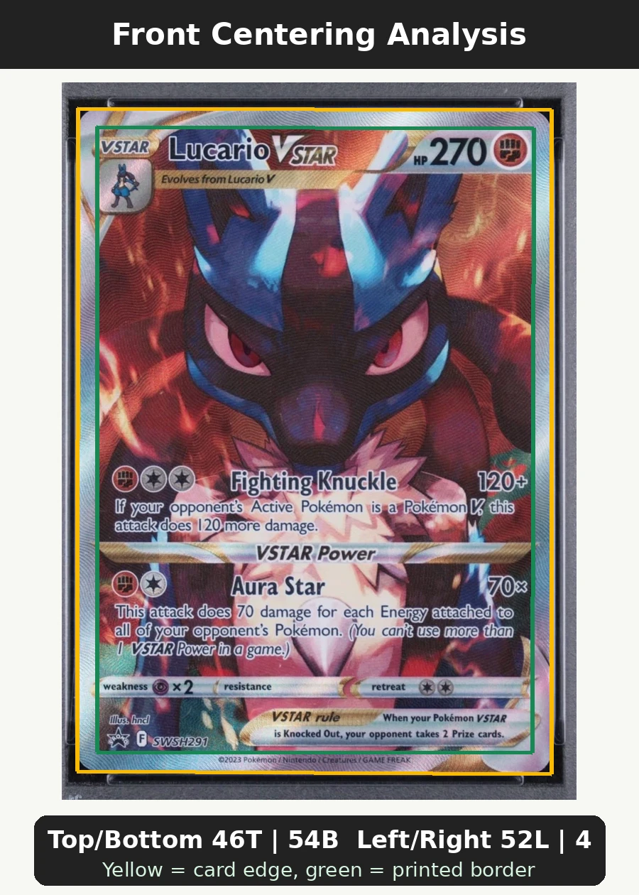 Lucario VSTAR SWSH291/307 SWSH Black Star Promos front centering analysis showing Top/Bottom 46T | 54B and Left/Right 52L | 48R.