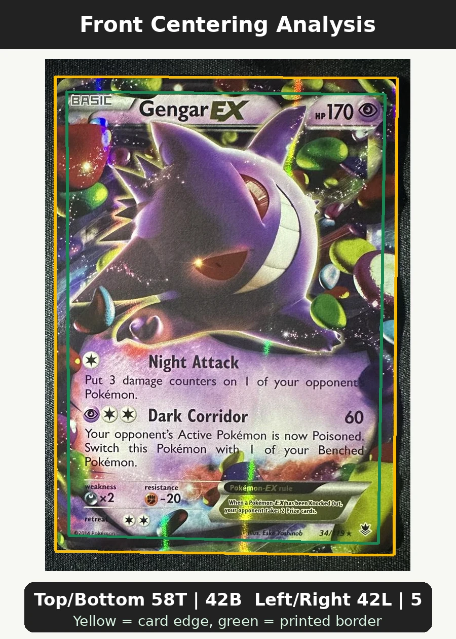 Gengar EX 034/119 Phantom Forces front centering analysis showing Top/Bottom 58T | 42B and Left/Right 42L | 58R.