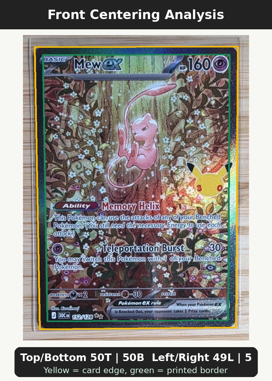 Mew ex 152/128 30th Celebration front centering analysis showing Top/Bottom 50T | 50B and Left/Right 49L | 51R.