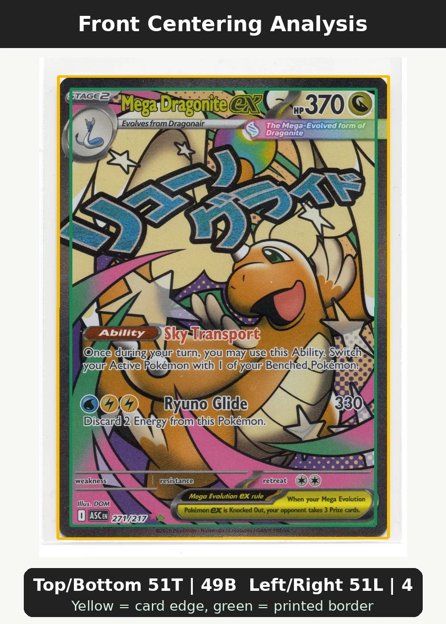 Mega Dragonite ex 271/217 Ascended Heroes front centering analysis showing Top/Bottom 51T | 49B and Left/Right 51L | 49R.