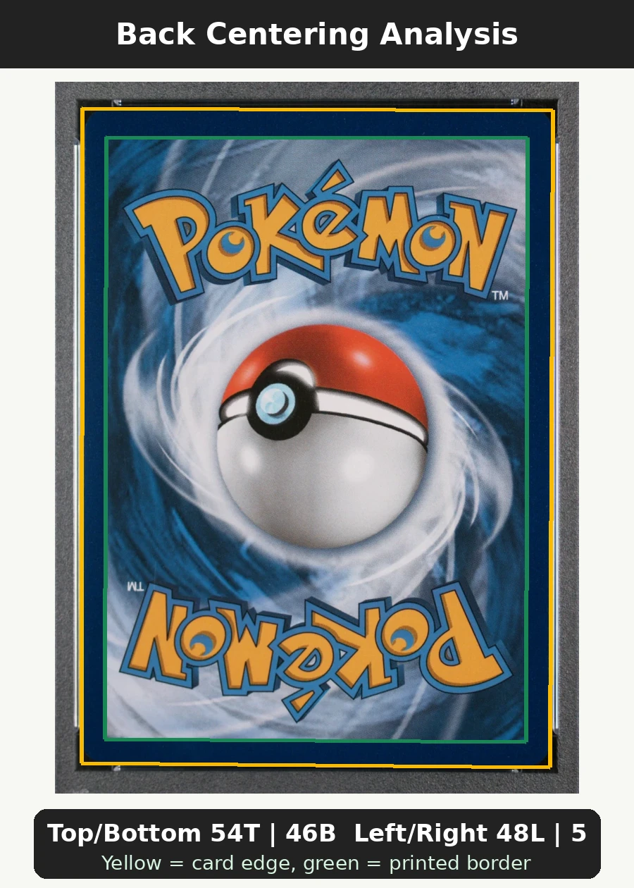 Kyurem EX 086/98 Ancient Origins back centering analysis showing Top/Bottom 54T | 46B and Left/Right 48L | 52R.