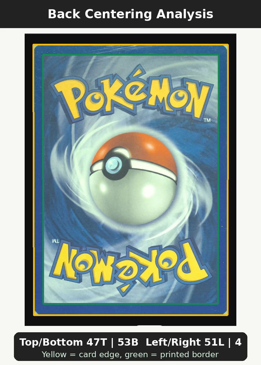 Charizard 004/130 Base Set 2 back centering analysis showing Top/Bottom 47T | 53B and Left/Right 51L | 49R.