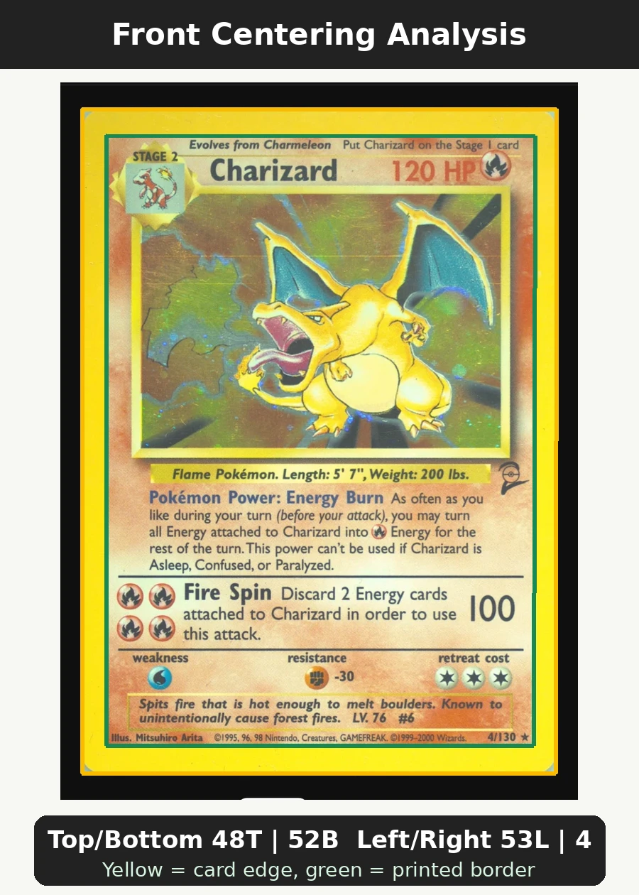 Charizard 004/130 Base Set 2 front centering analysis showing Top/Bottom 48T | 52B and Left/Right 53L | 47R.