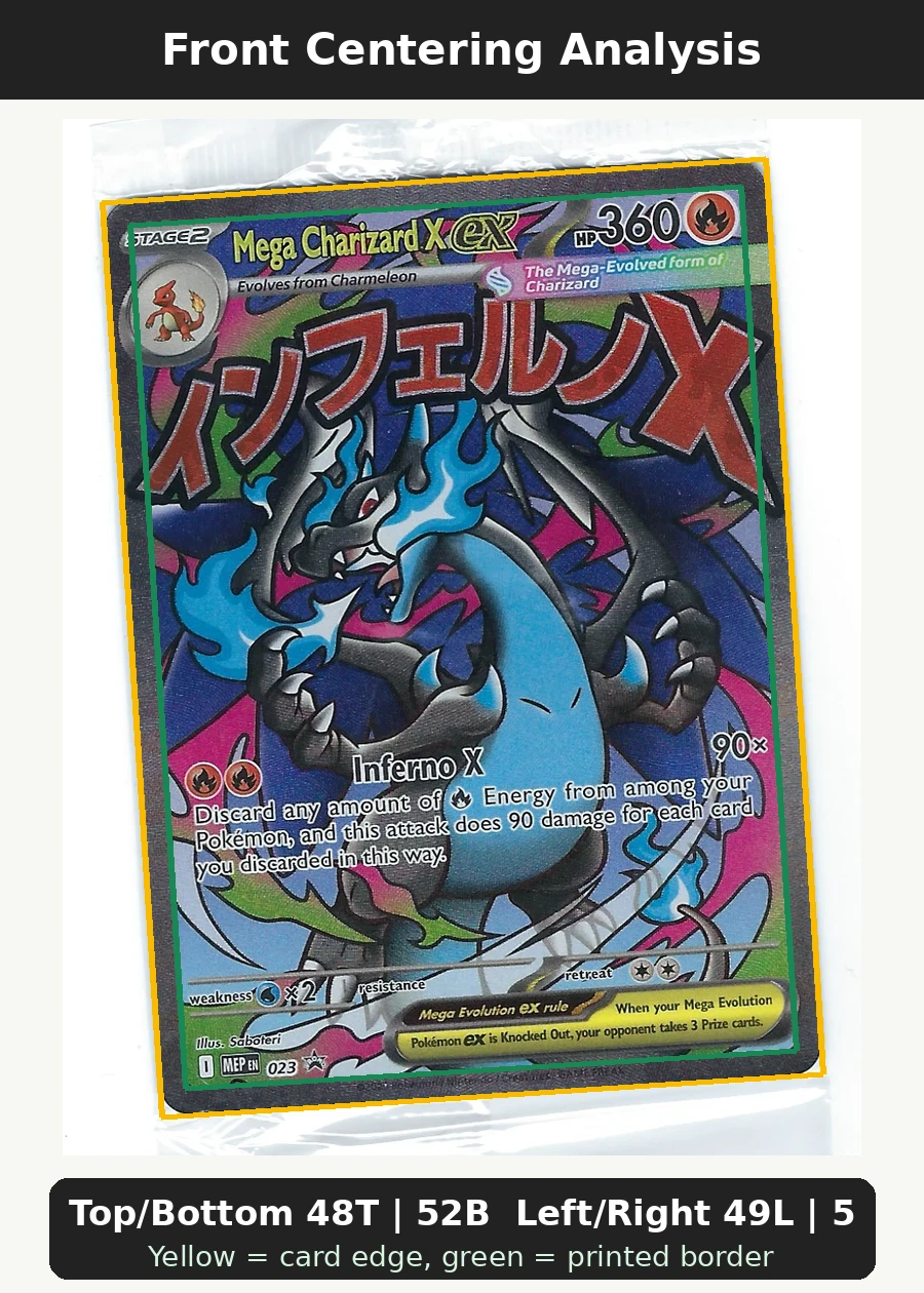 Mega Charizard X ex 023 MEP Black Star Promos front centering analysis showing Top/Bottom 48T | 52B and Left/Right 49L | 51R.