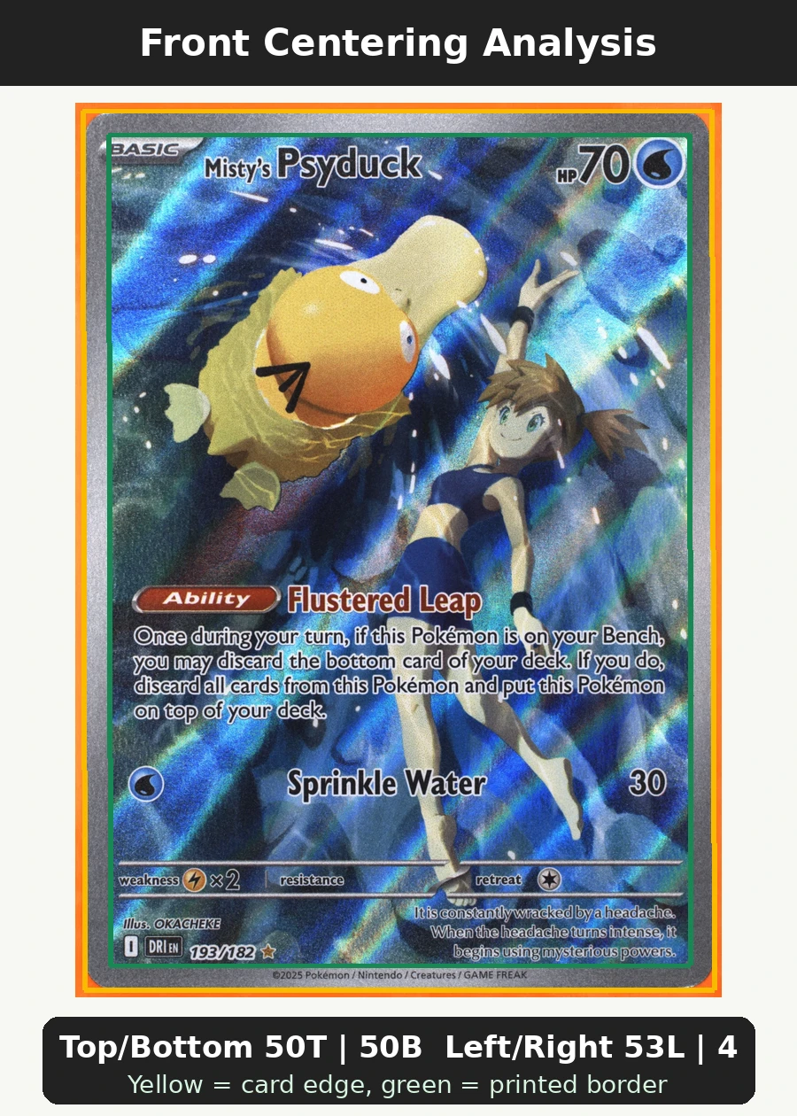 Misty's Psyduck 193/182 Destined Rivals front centering analysis showing Top/Bottom 50T | 50B and Left/Right 53L | 47R.