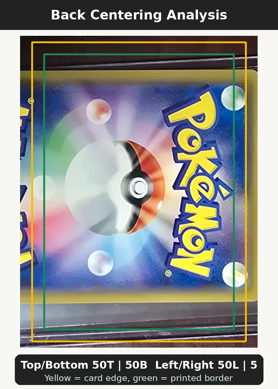 Pikachu 054/49 Dream League back centering analysis showing Top/Bottom 50T | 50B and Left/Right 50L | 50R.