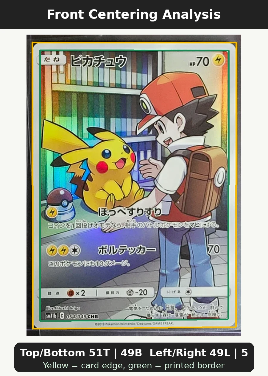 Pikachu 054/49 Dream League front centering analysis showing Top/Bottom 51T | 49B and Left/Right 49L | 51R.