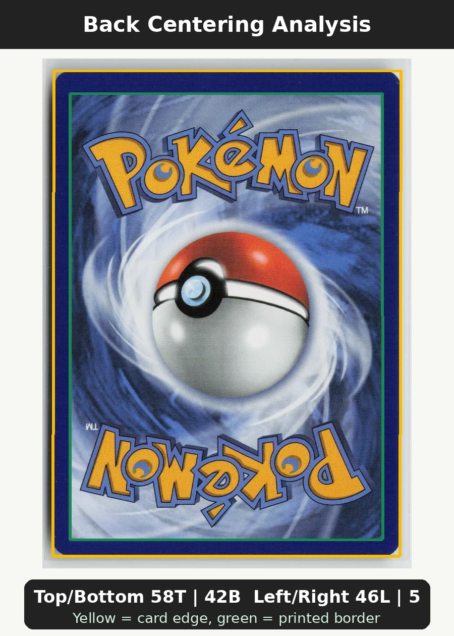 Misty's Psyduck 045/182 · Normal Destined Rivals back centering analysis showing Top/Bottom 58T | 42B and Left/Right 46L | 54R.
