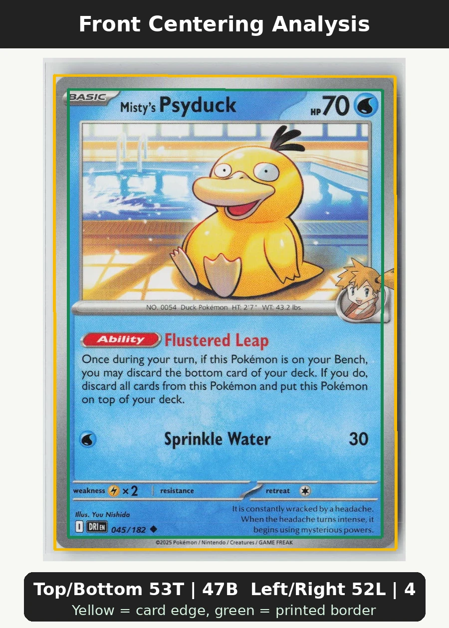 Misty's Psyduck 045/182 · Normal Destined Rivals front centering analysis showing Top/Bottom 53T | 47B and Left/Right 52L | 48R.