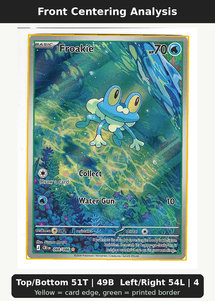 Froakie 088/86 Chaos Rising front centering analysis showing Top/Bottom 51T | 49B and Left/Right 54L | 46R.