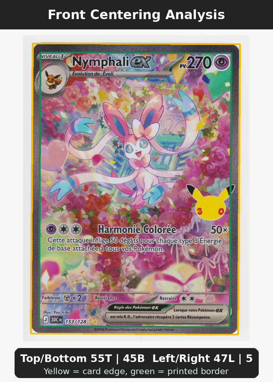 Sylveon ex 153/128 30th Celebration front centering analysis showing Top/Bottom 55T | 45B and Left/Right 47L | 53R.