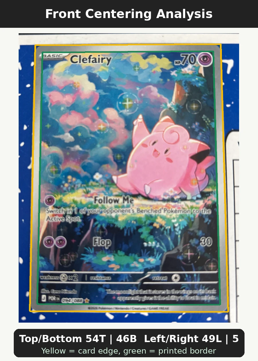 Clefairy 094/88 Perfect Order front centering analysis showing Top/Bottom 54T | 46B and Left/Right 49L | 51R.
