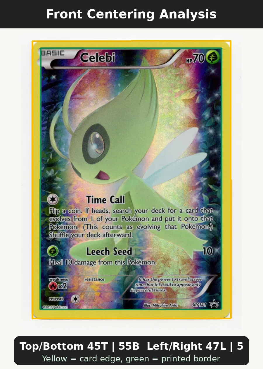 Celebi XY111/211 XY Black Star Promos front centering analysis showing Top/Bottom 45T | 55B and Left/Right 47L | 53R.