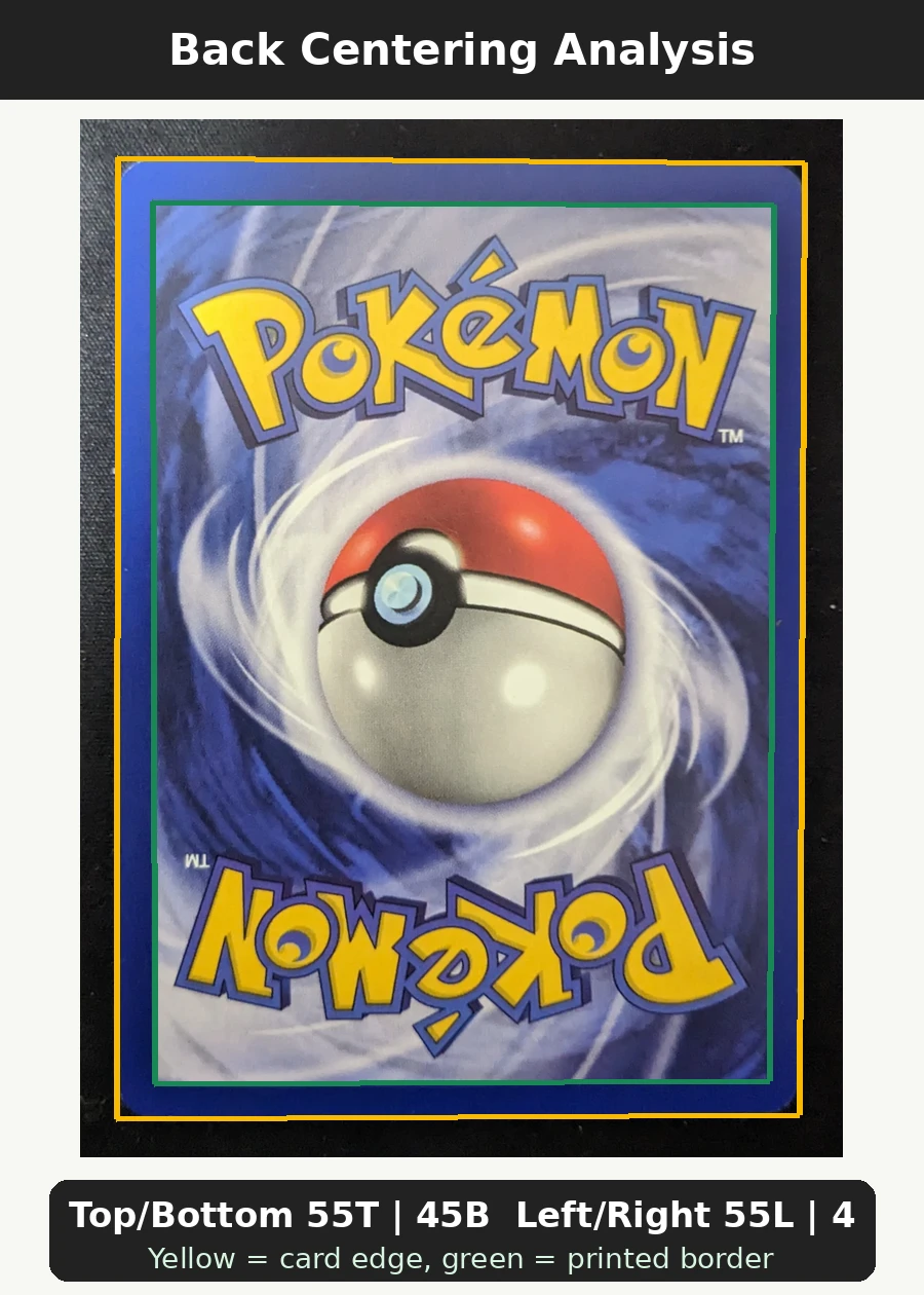 Dragonite 005/53 Wizards Black Star Promos back centering analysis showing Top/Bottom 55T | 45B and Left/Right 55L | 45R.