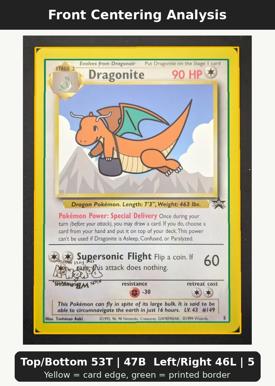 Dragonite 005/53 Wizards Black Star Promos front centering analysis showing Top/Bottom 53T | 47B and Left/Right 46L | 54R.