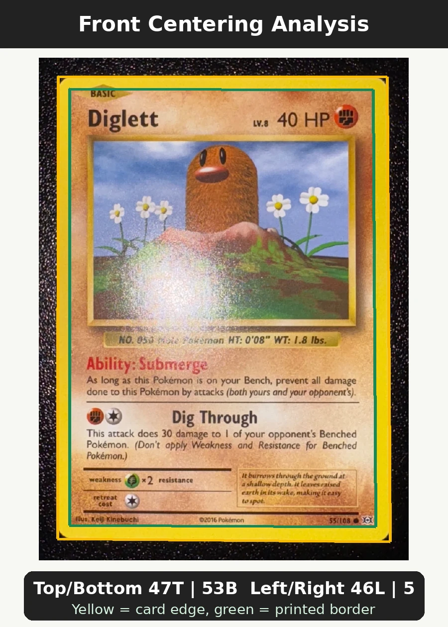 Diglett 055/108 Evolutions front centering analysis showing Top/Bottom 47T | 53B and Left/Right 46L | 54R.