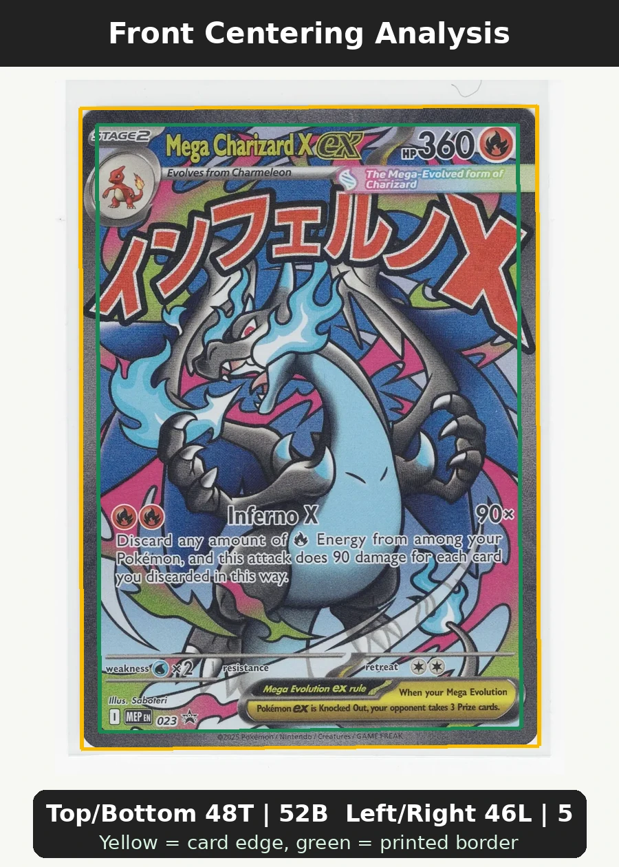 Mega Charizard X ex 013/94 Phantasmal Flames front centering analysis showing Top/Bottom 48T | 52B and Left/Right 46L | 54R.