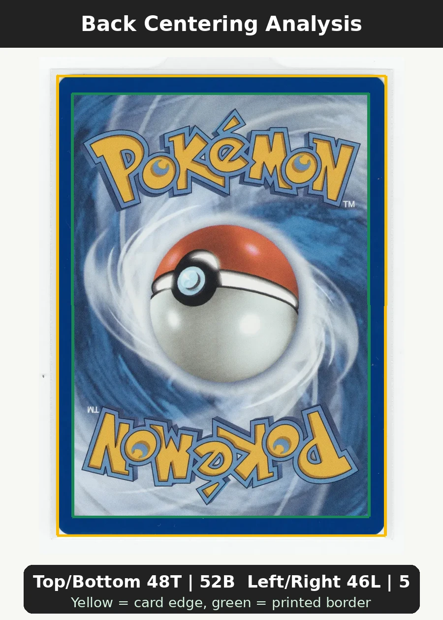 Meowth 106/94 Phantasmal Flames back centering analysis showing Top/Bottom 48T | 52B and Left/Right 46L | 54R.