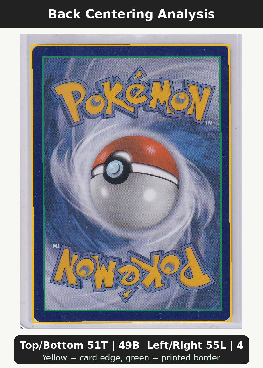 Pikachu EX XY84/211 XY Black Star Promos back centering analysis showing Top/Bottom 51T | 49B and Left/Right 55L | 45R.