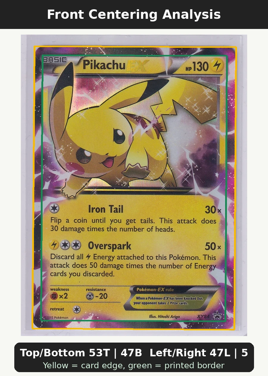 Pikachu EX XY84/211 XY Black Star Promos front centering analysis showing Top/Bottom 53T | 47B and Left/Right 47L | 53R.