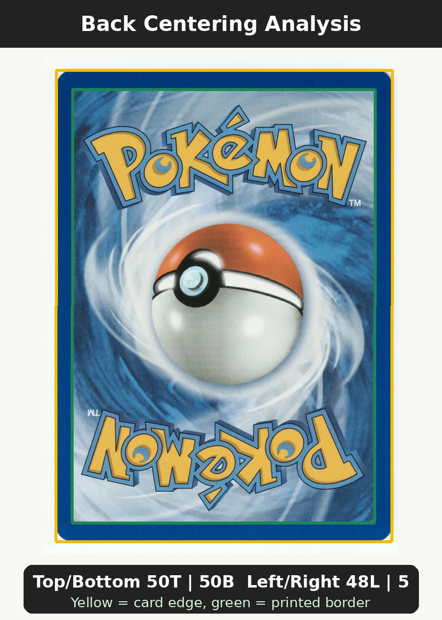Charizard 004 30th Classic Collection back centering analysis showing Top/Bottom 50T | 50B and Left/Right 48L | 52R.