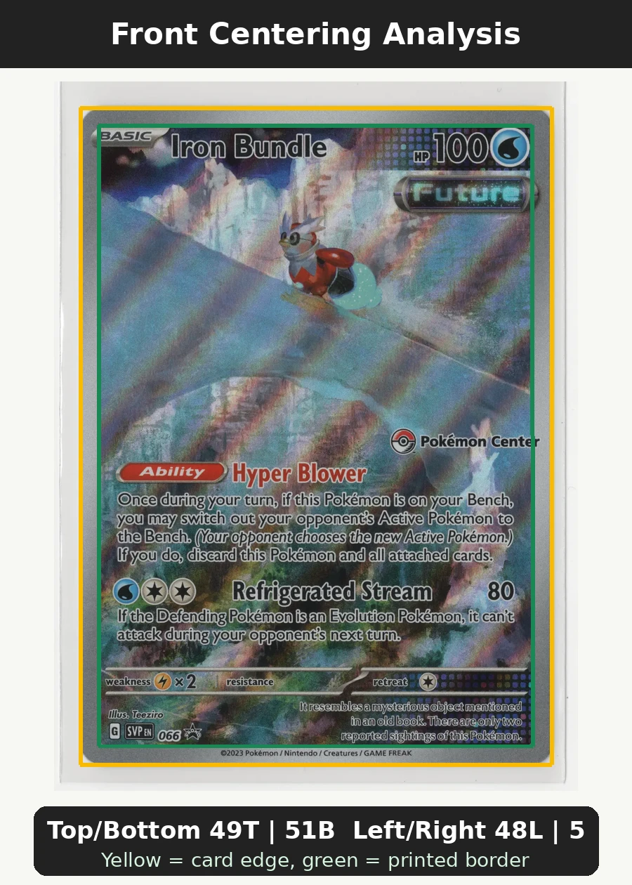 Iron Bundle 066/225 (Pokemon Center Stamp) SVP Black Star Promos front centering analysis showing Top/Bottom 49T | 51B and Left/Right 48L | 52R.