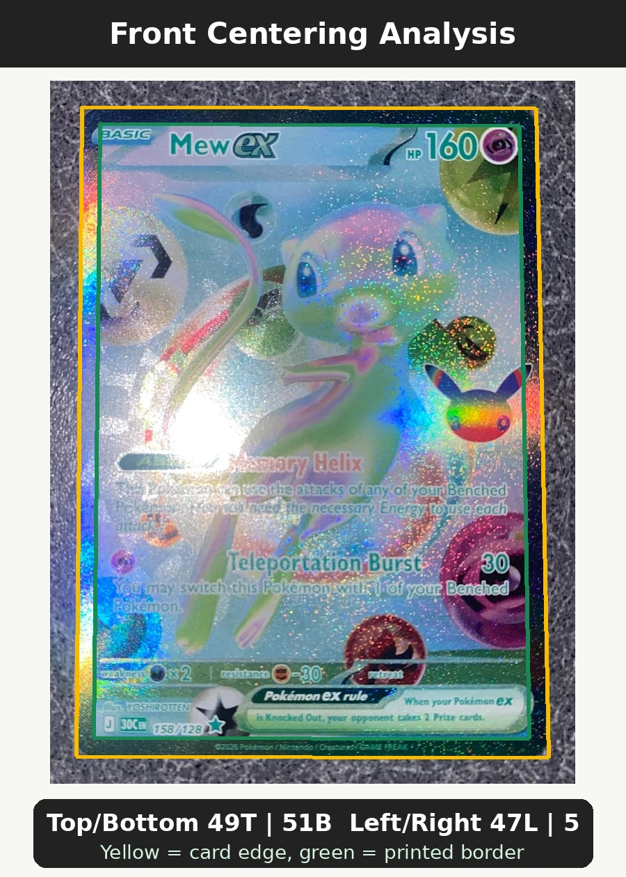 Mew ex 158/128 30th Celebration front centering analysis showing Top/Bottom 49T | 51B and Left/Right 47L | 53R.