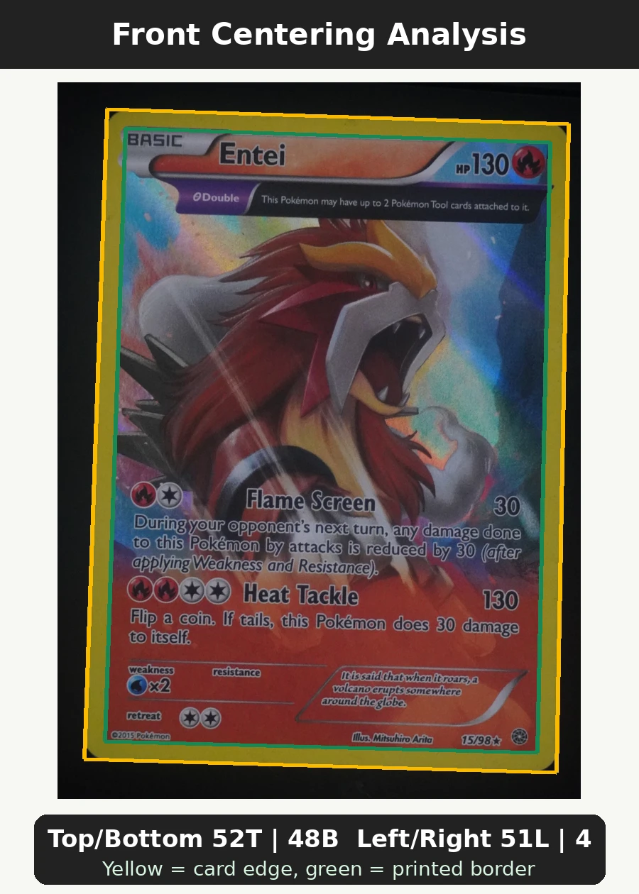 Entei 015/98 Ancient Origins front centering analysis showing Top/Bottom 52T | 48B and Left/Right 51L | 49R.