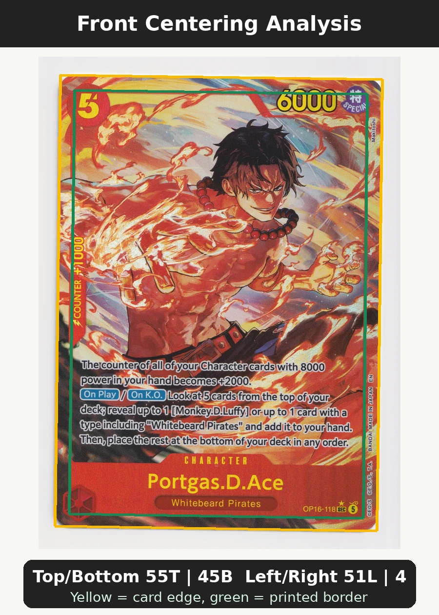 Portgas.D.Ace (OP16-118) OP16-118 The Time of Battle front centering analysis showing Top/Bottom 55T | 45B and Left/Right 51L | 49R.