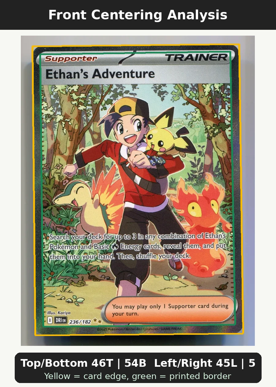 Ethan's Adventure 236/182 Destined Rivals front centering analysis showing Top/Bottom 46T | 54B and Left/Right 45L | 55R.